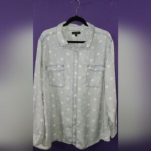 Lane Bryant Light Wash Denim Button-up With Star Print